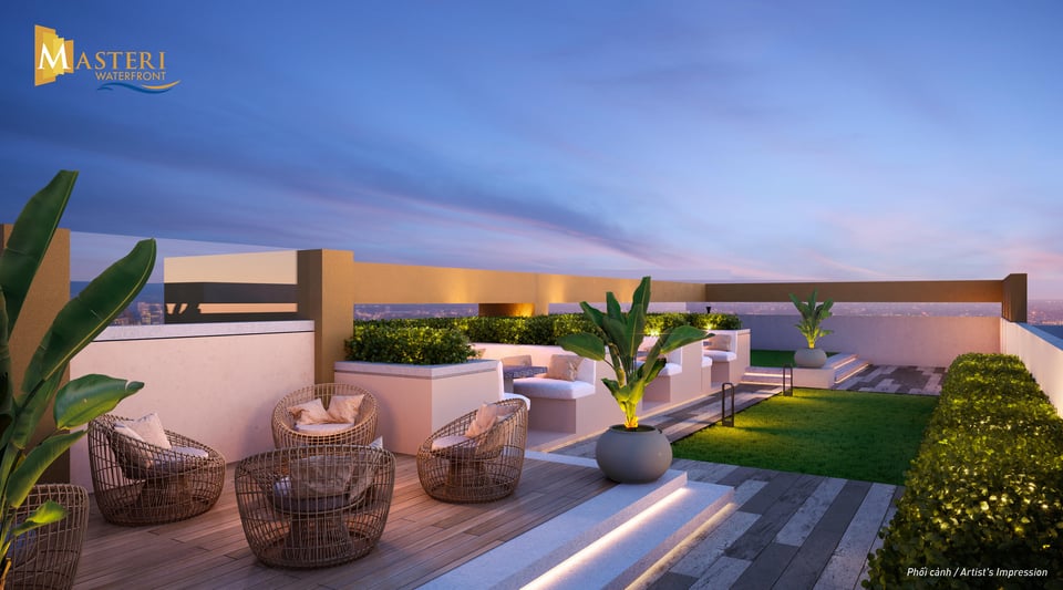 Vườn trên không ở Waterfront được bố trí nhiều ghế lounge thư giãn và không gian để tập luyện. 